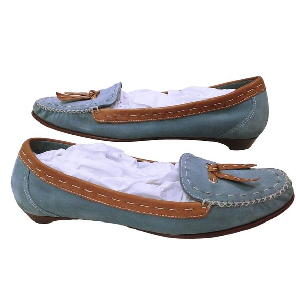 Cole Haan Blue Suede Shoe Flats -9.5B Bow Tassel Leather Stitch Moc-Toe Slip-On - Picture 4 of 12